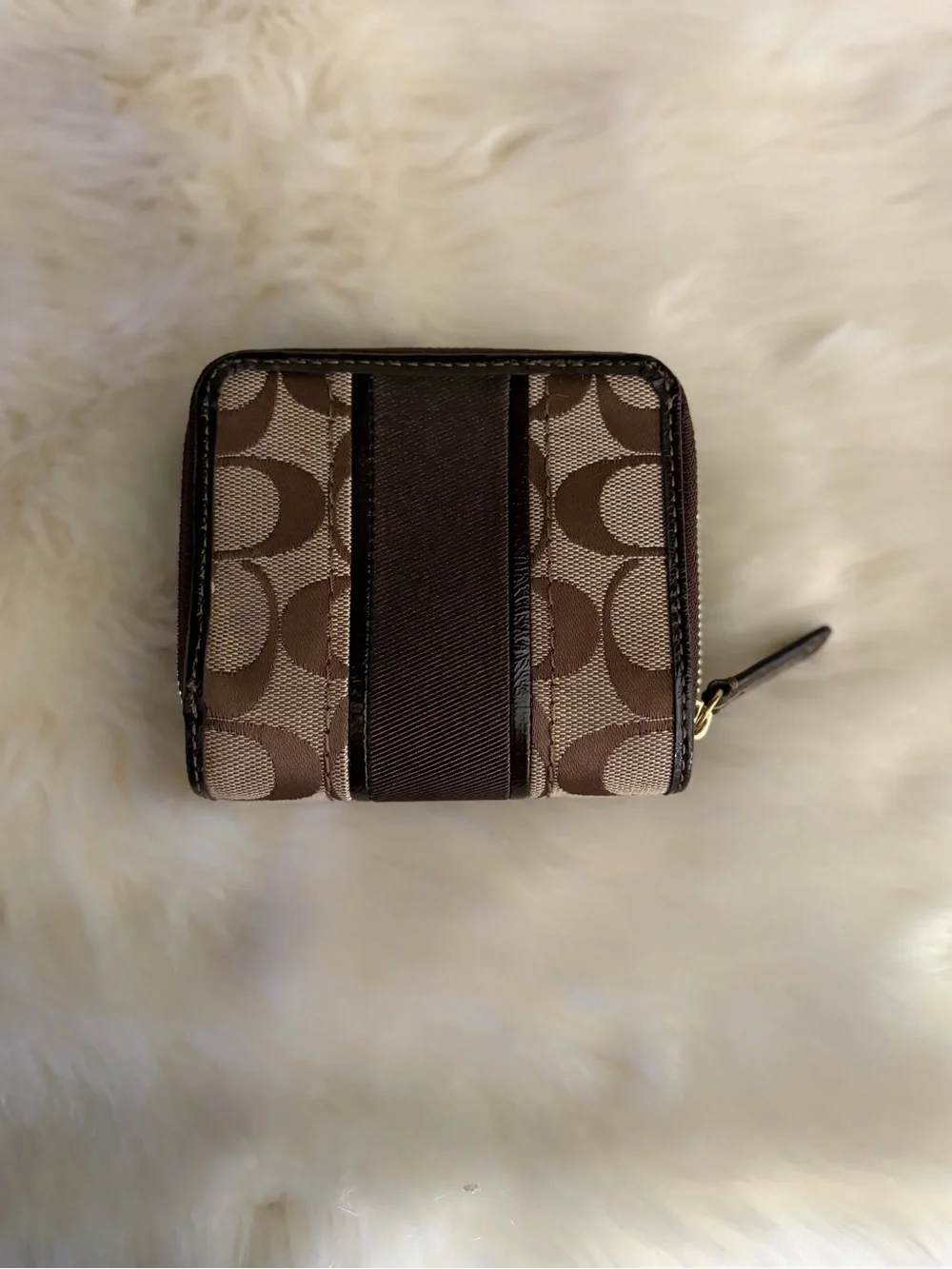 Coach Brown Signature Canvas Zip-Around Wallet- Authentic